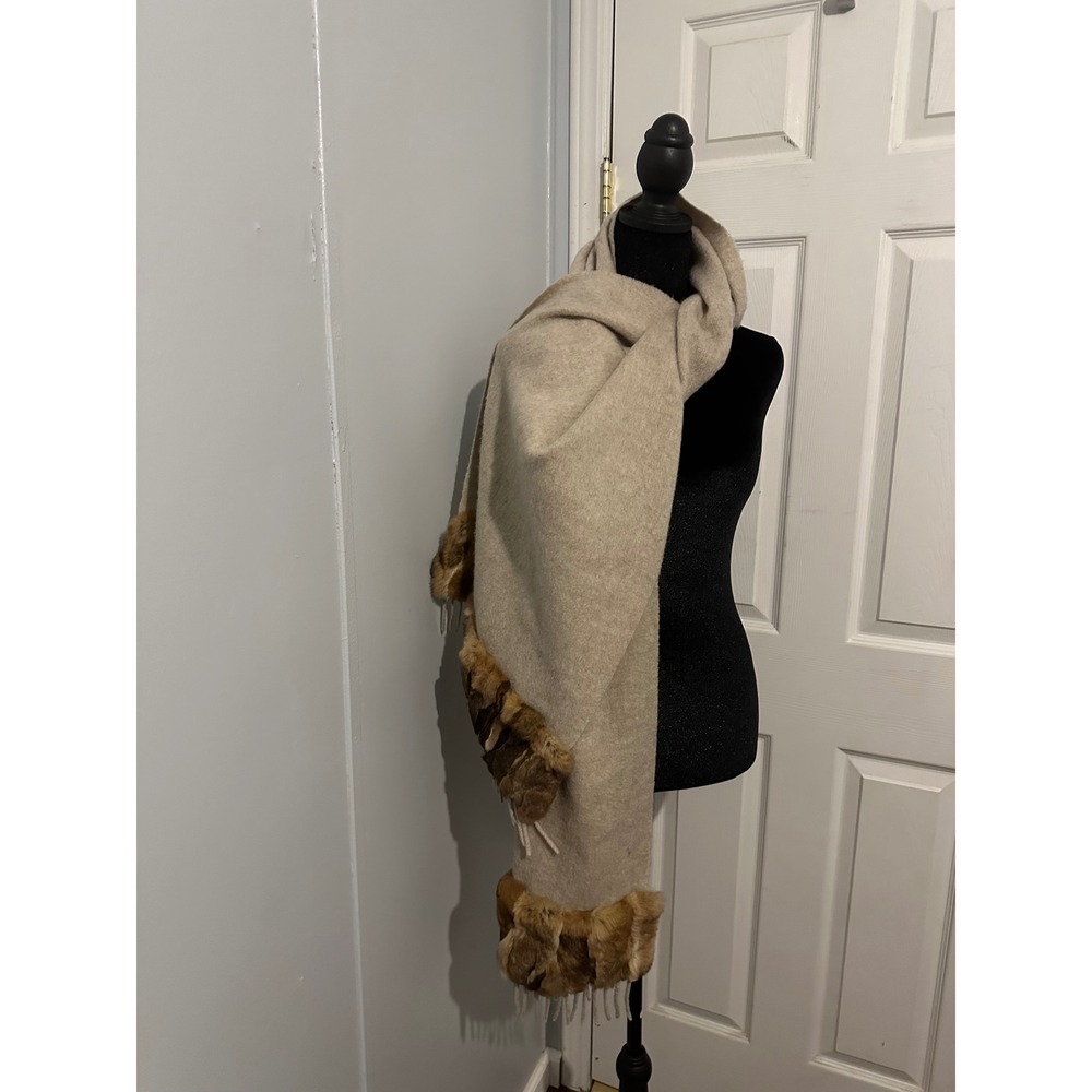 Wool Blend Oversized Shawl Scarf with Real Fur Trim and Fringe Oatmeal Tan